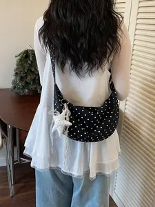 Large Capacity Nylon Half Moon Bag, Polka Dot Pattern, Star Charm Decor, Casual Fashion Shoulder Crossbody Bag, Ideal for Daily Use, Crossbody Handbag