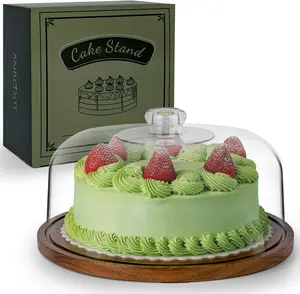 Cake Stand with Dome Lid, Acacia  Cake Plate with Cover, Wooden Cake Display Stand with  Dome - Flat