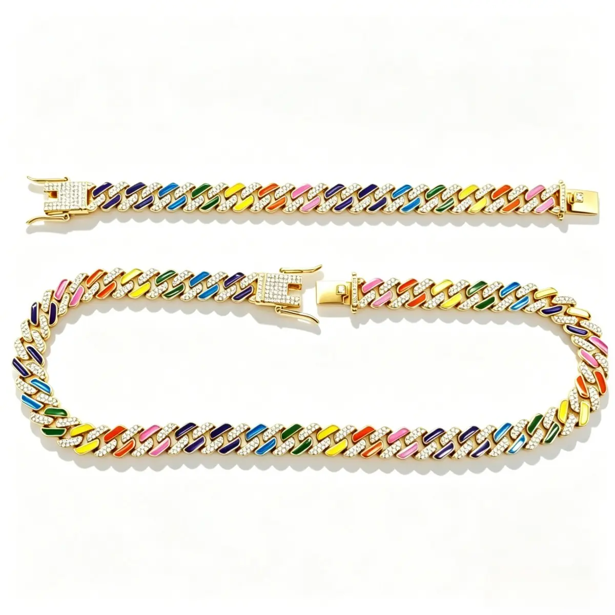 Rainbow Diamond Cuban Link Necklace and Bracelet Set for Men Hip Hop Bling Rhombus Cut Alloy Hip Hop Jewelry Set