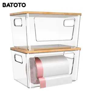 BATOTO 2 Pack Trash Bag Holder with Bamboo Lid, Stackable Trashbag Dispenser, Extra Large Garbage Bag Holder for Kitchen Laundry Room Under Sink Organization and Storage