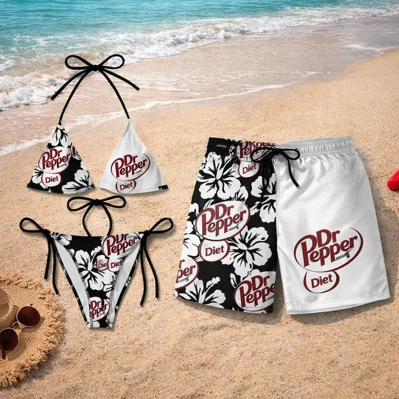 Dr Pepper Swimsuits For Couples - Swim Bra & Tie Side Thong Bikini + Men's Beach Shorts, Summer Vacation Swimsuit, Hawaiian Shorts