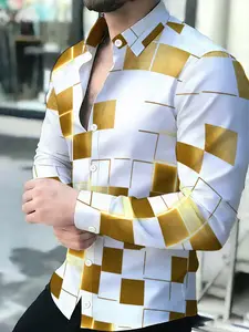 Men's Novel Geometric Pattern Casual Printed Collared Long Sleeve Shirt