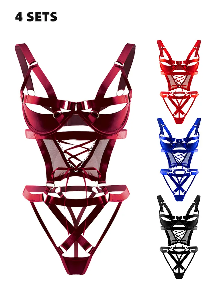 Women's Fitted Lingerie Ring-Linked Bodysuit - Underwire Steel Ring Bustier, Adjustable Low Waist Thong Hipster, Sheer Minimalist Hollow Cutout Polyester Blend Costume, Hand Wash Only (Do Not Dry Clean)