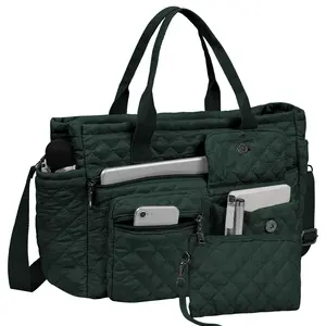 2Pcs/Set Large Quilted Nylon Tote Bag for Women, Laptop Work Bags Crossbody Shoulder Hobo Messenger Handbag Purse Travel Gym Totes
