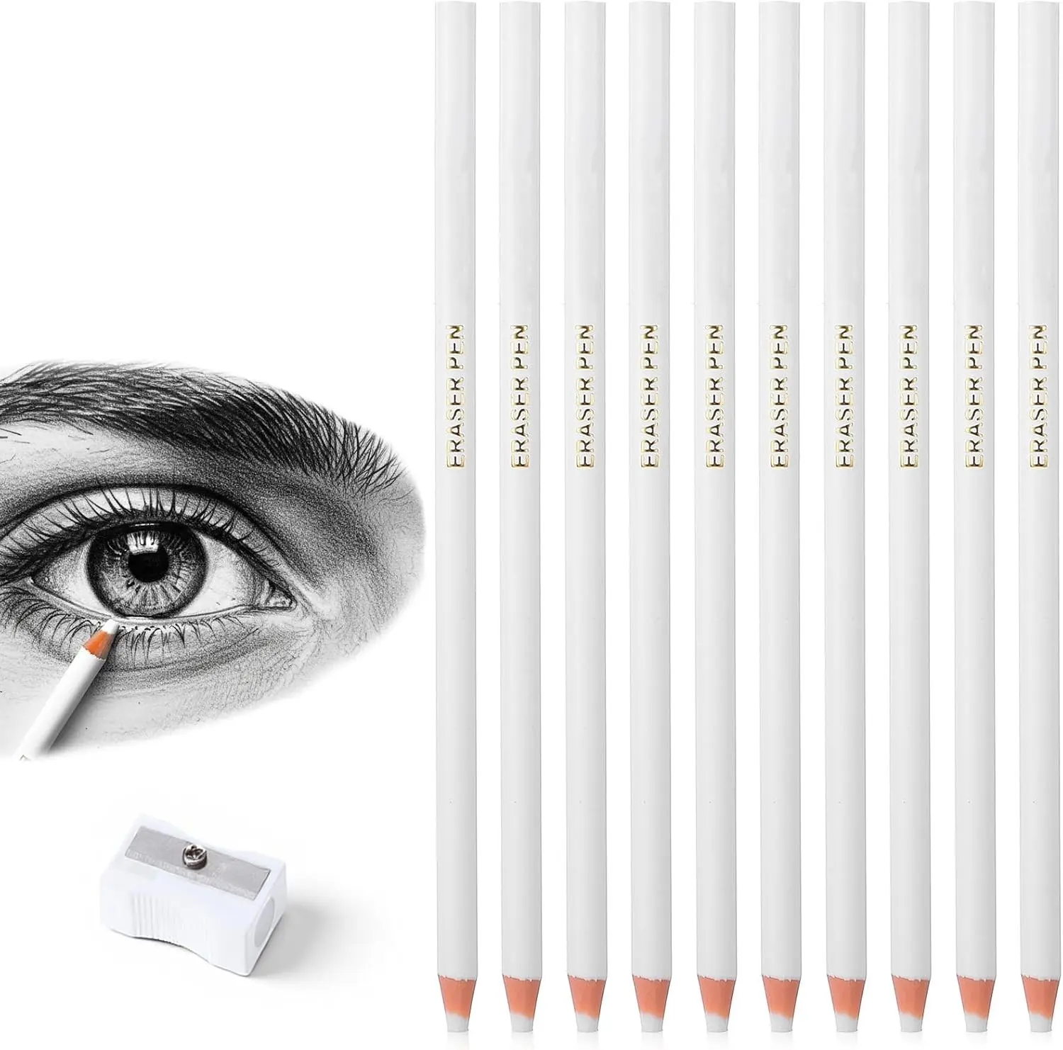 10 Pack Precision Eraser Pens for Artists Detail Erasers with Sharpener Accurate Perfect for Sketches and Coloured Illustrations
