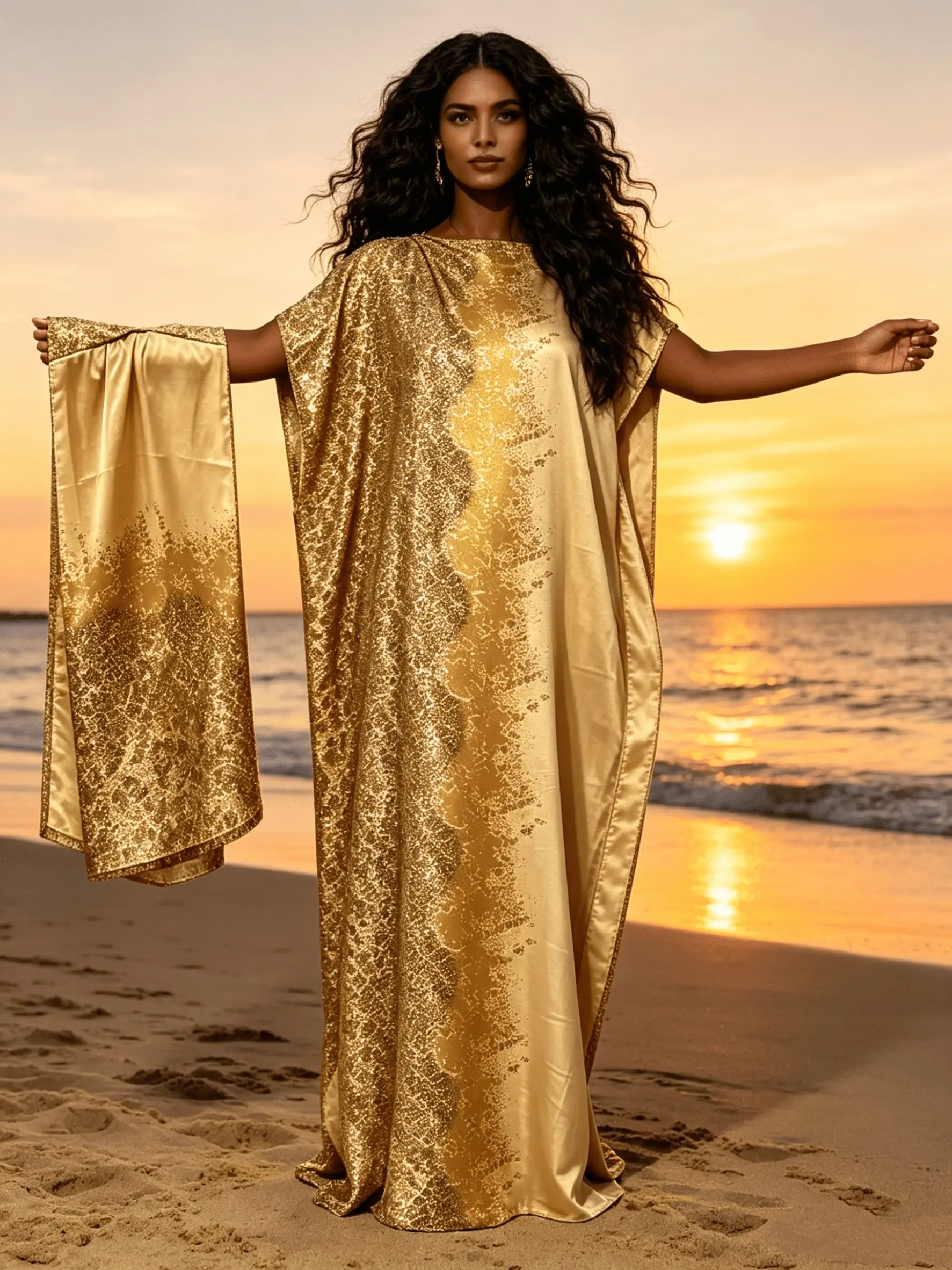 2026 New Women's 2 Piece Luxury Gold Sequin Kaftan Maxi Dress with Matching Scarf, Silky Loose Pleated Robe, Plus Size Friendly, Beach Cover Up, Resort Vacation & Evening Party Wear