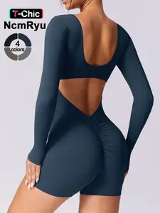Women's Seamless High Elastic Soft U-Neck Back Hollow-Out Hip Lifter Yoga Suit, Outdoor Running Cycling Shorts, Stretchable Activewear Workout Jumpsuit, Sporty Jumpsuit