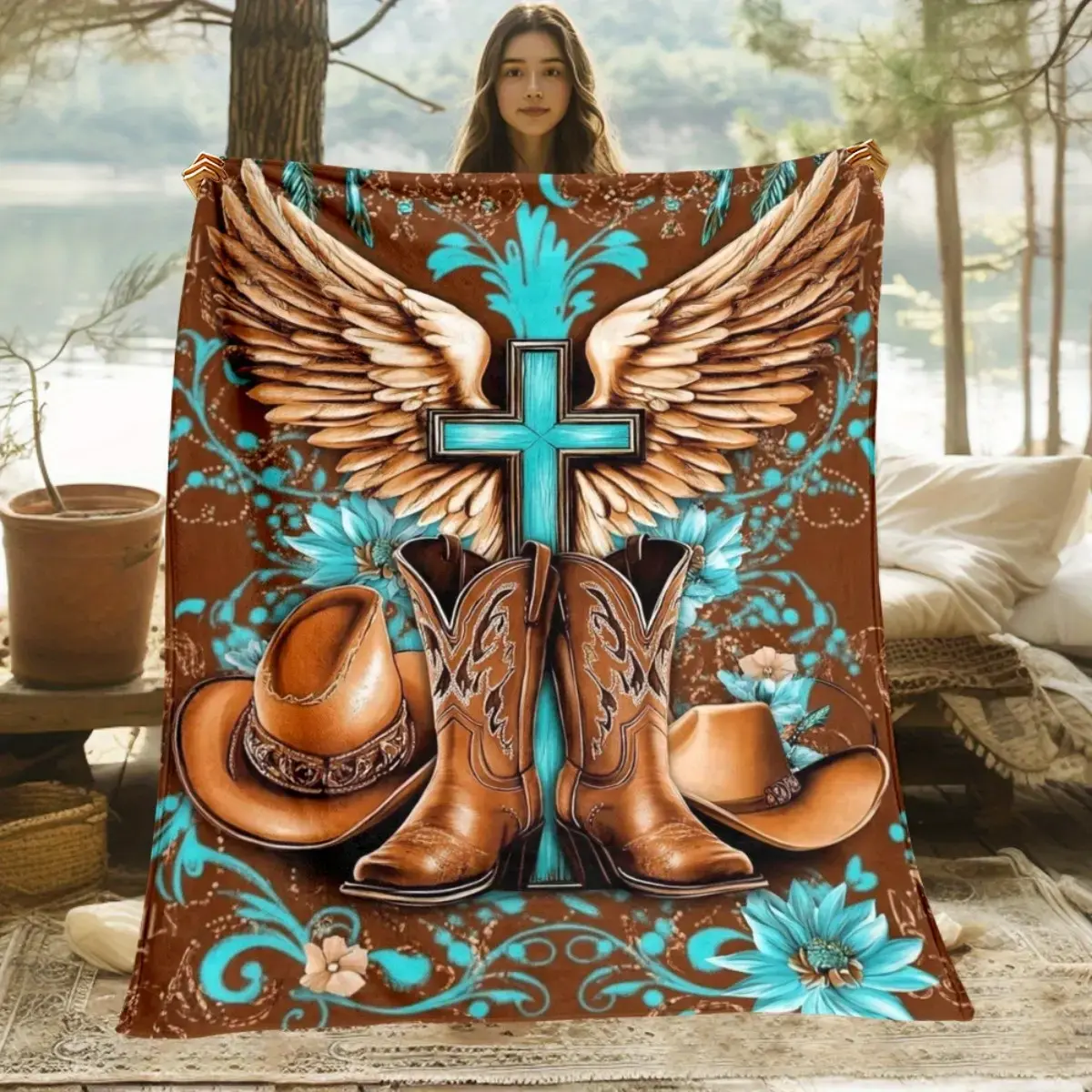 Country Faith Cowboy Flannel Throw Blanket - High-Definition Cross & Wing Print Plush Fleece, Ultra- Cozy for Bedroom Couch Travel, Ideal  for Western & Christian Enthusiasts, All-Season Use, Throw Blankets, Blankets For Bedroom