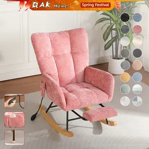 QAK Teddy Fabric Rocking Chair with Pocket, Soft Rocking Chair for Nursery, Comfy Wingback Golider Rocking Chair with Safe Solid Wood Base, Living Room