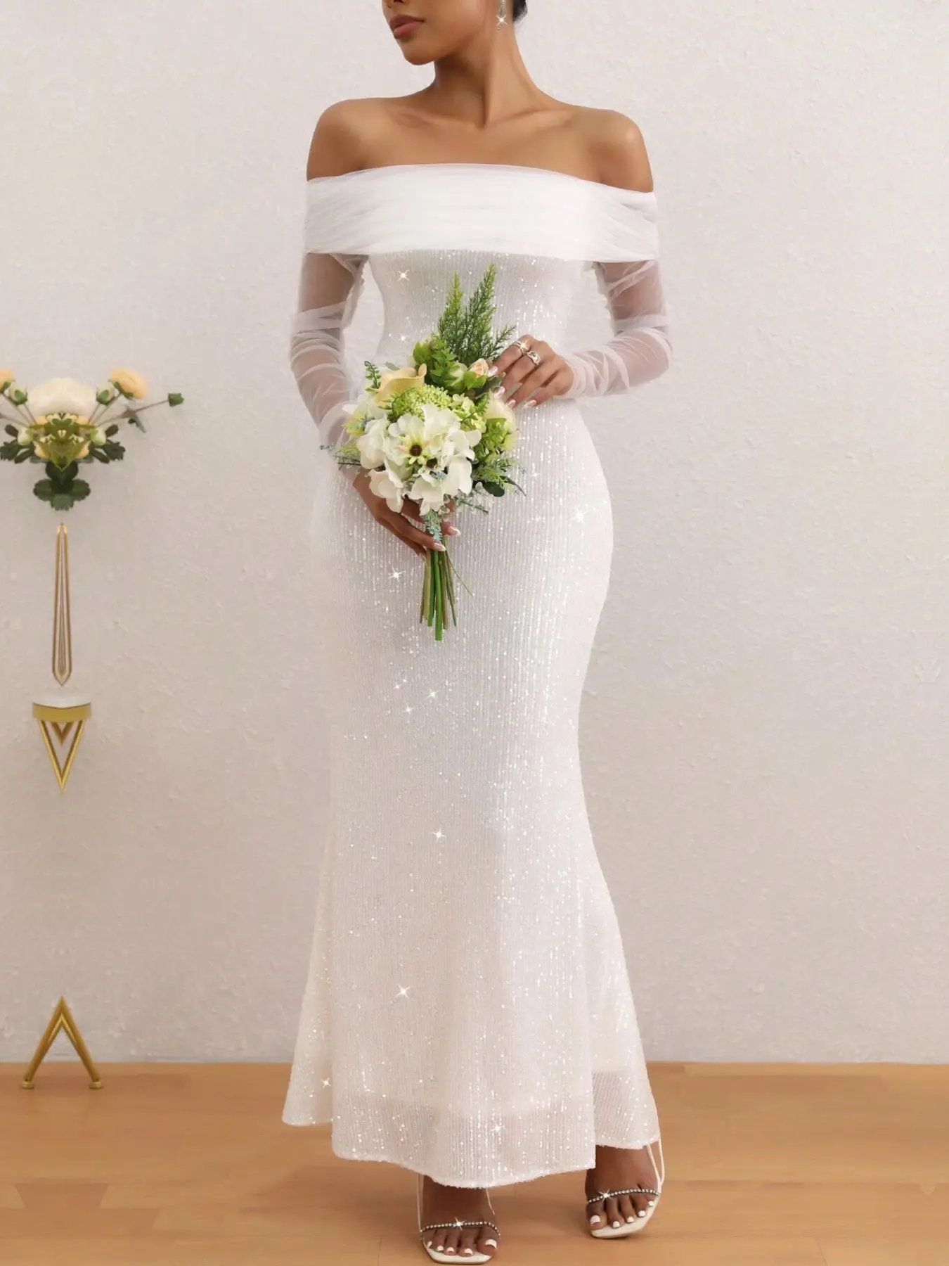 Elegant One-Shoulder Sheer Mesh Wedding Dress with Sequins, Shimmer, Long Sleeve Formal Party Gown for Special Occasions, Bridal Evening Wear Elegance, Wedding Gowns for Bride, Womenswear
