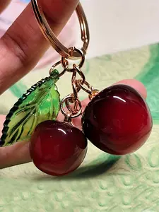 1/20pcs Translucent Green Leaves & Red Fruit Charms Cherry Keychain - Realistic Golden-Tone Ring Clasp for Backpacks, Wallets, Purses - Cute Portable Keychain Accessory for Women, Keychain for bags