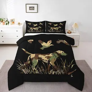 Wild Duck Hunting Bedding Set for Boys Teens Kids Black Dog Hunter Comforter Set Hunter Green Army Camouflage Farmhouse Theme Duvet Quilt Home Decor