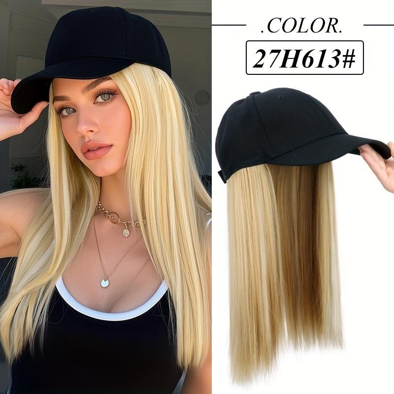Women's synthetic hat wig, long straight black hair, baseball cap with hair attachment, stylish and convenient all-in-one design.