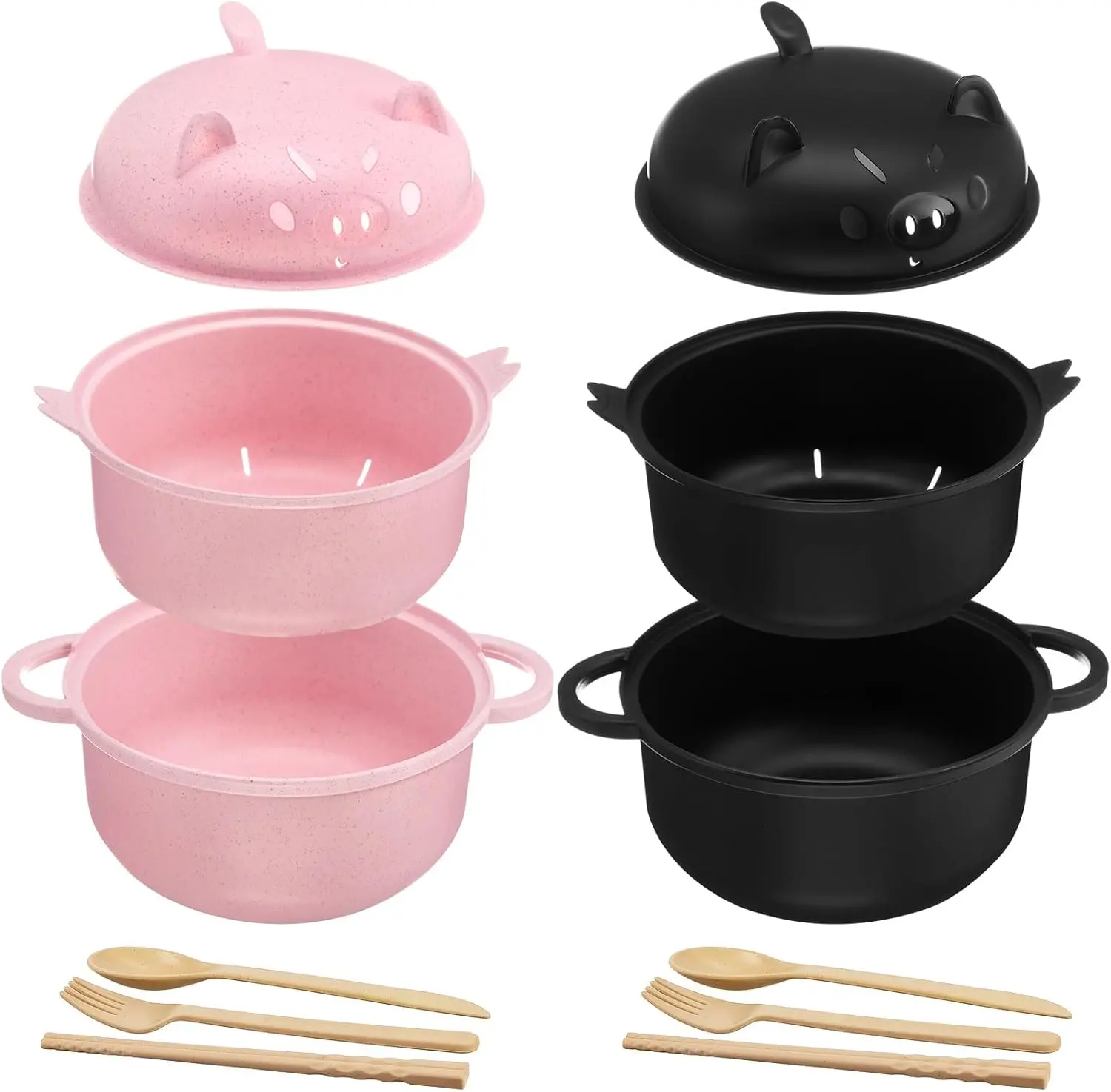 45-oz Large Cute Ramen Bowl Tableware Set - Wheat-Made Handle-Equipped Bowls with Filter Covers, Spoons, Forks, Knives - Microwave-Safe for Pork Ramen Noodles - Suitable for Families, Dormitories