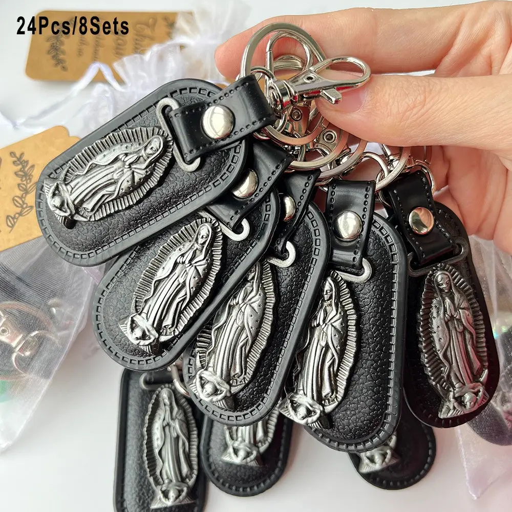 24pcs/8sets Faux Leather Virgin Mary Keychains, Keychain Charm, Party Favors, Perfect Gifts For Christmas, Bulk Religious Gifts, Religious Souvenirs, Baptism, Wedding, Confirmation, First Communion, Our Lady's Festival, Easter, Faith, Birthday Gifts
