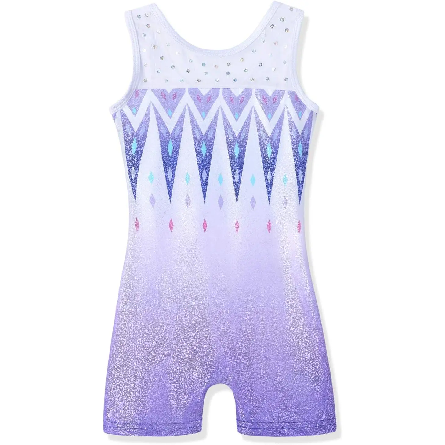 Girls' Sparkling Snowflake Biketard - Spliced Polyester Gymnastics Outfit, Sturdy Comfy Above-the-Knee Dancewear for Training & Yoga