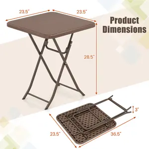 COSTWAY - Folding Picnic Table with Rattan Grain HDPE Tabletop and Sturdy Metal Fame-Coffee