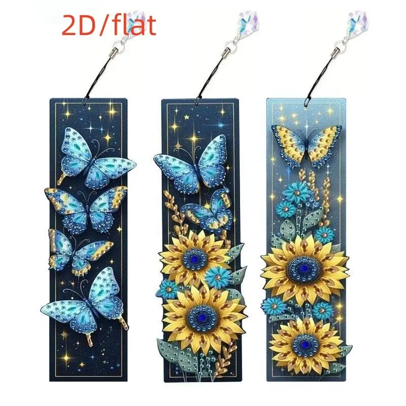 A 3-piece set of diamond-painted, Acrylic bookmarks, Book Accessories, DIY Diamond Painting Tools butterfly and sunflower bookmarks, home office crystal pendant bookmarks, suitable for beginners as handmade Christmas gifts