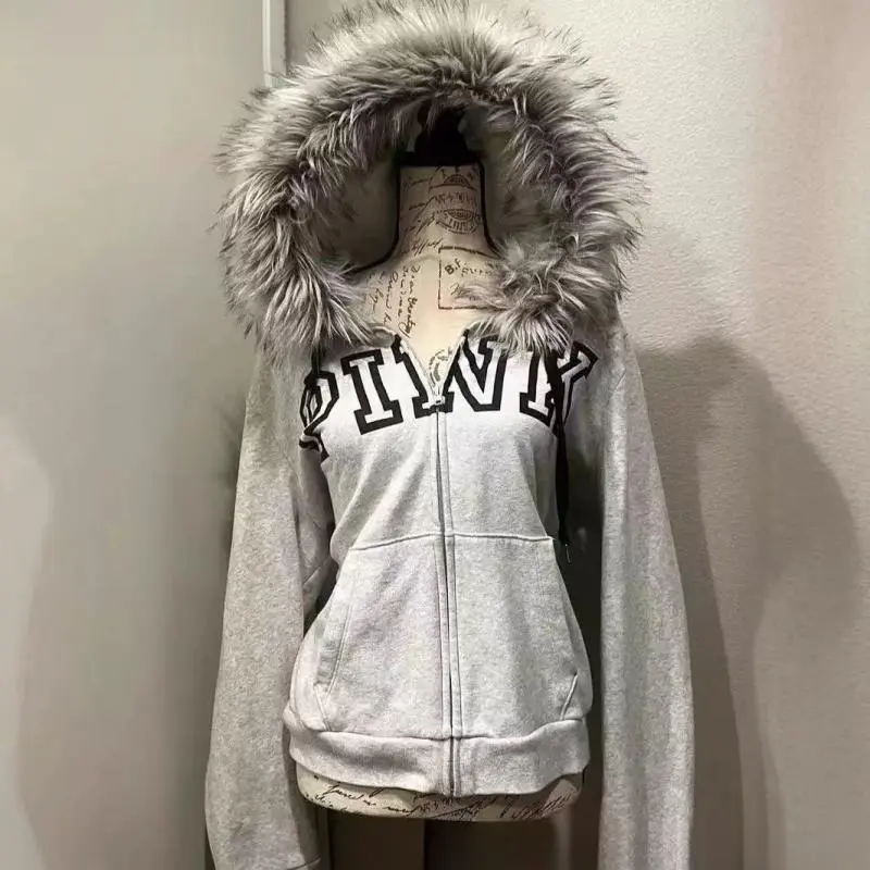 gray velvet thickened hooded sweatshirt jacket for women retro slim hottie design warm zipper jacket