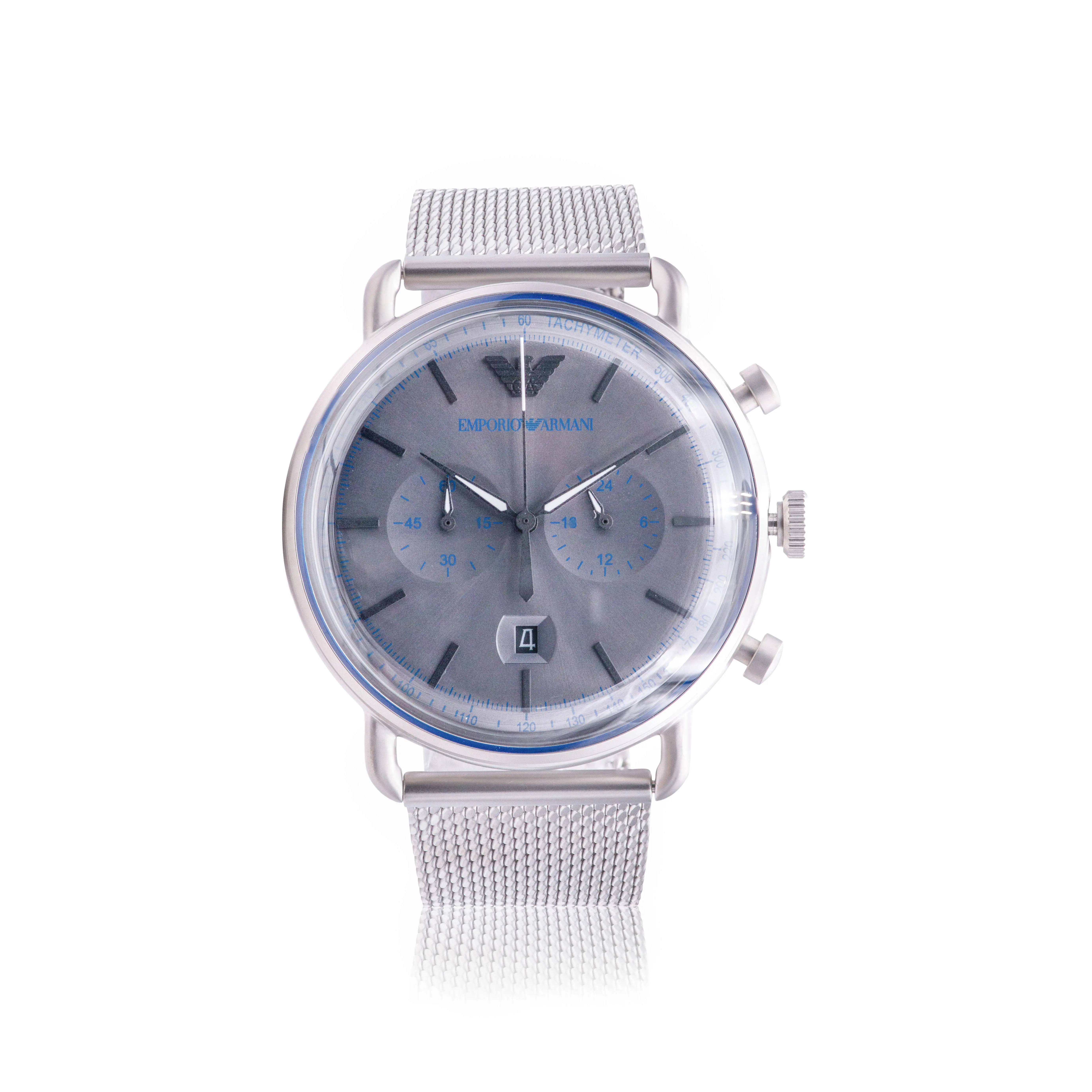 Emporio Armani Men's Stainless Steel Mesh Watch, 43mm Silver-Tone Round Chronograph with Quartz Movement and Date, AR11383, Shiny Durable Quartz Watches, Silver Metal Quartz Watches