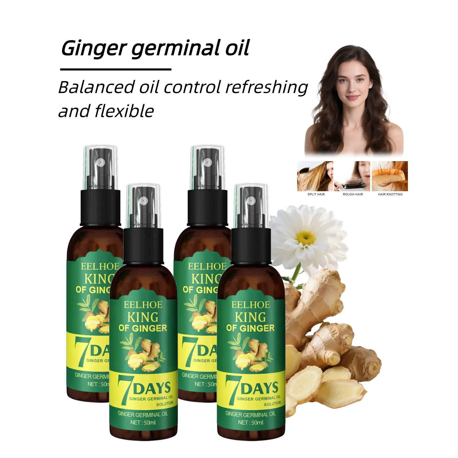 Ginger Hair Spray: Contains natural ginger, non-sticky - boosts shine, tames frizz.Gentle on the scalp.Suitable for all hair types. Gel Haircare, hairoil for hair growth, promotes healthy nourish Flower Nourishing woman regrowth