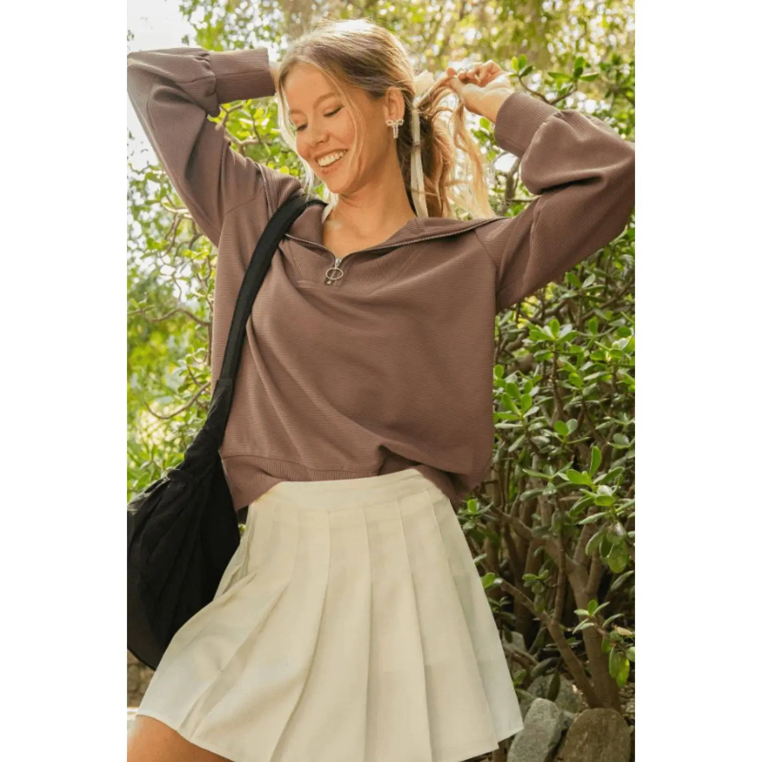 Full Size Ribbed Knit Sweatshirt with Half Zipper - Casual Style, Machine Wash Cold, 95% Polyester & 5% Spandex, Available in Multiple Sizes