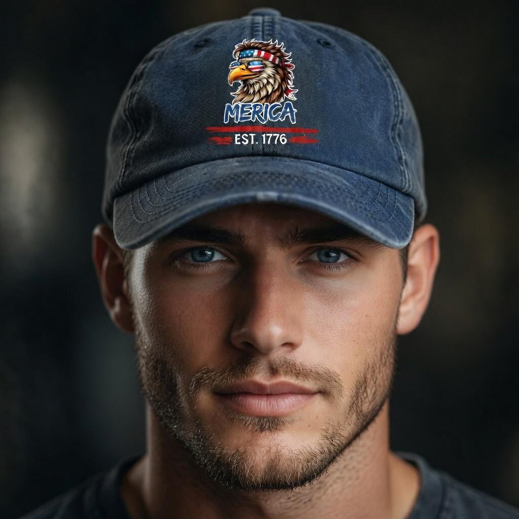 Merica 1776 Hat, Patriotic Eagle Washed Hat, USA Dad Hat Vintage Baseball Cap, American Flag Freedom Cap, Independence Gift Hat