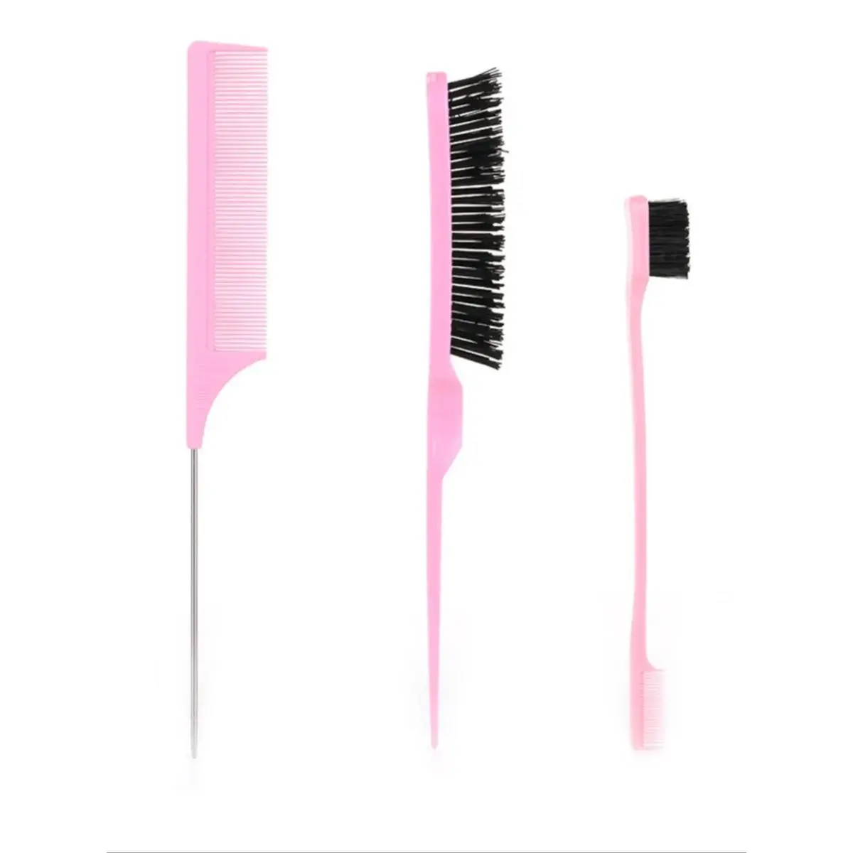 Professional 3-Piece Hair Styling Comb Set, Plastic Kit with Rat Tail, Edge Brush, and Pintail for Parting & Teasing, Hair Styling Combs