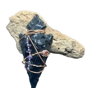 Black Obsidian Copper Wire Wrapped Pendant - Elegant Design with Unique Wire Wrapping Technique