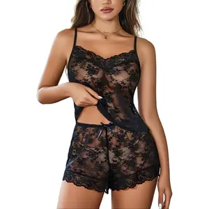 Avidlove Pajama Set for Women Floral Lace Lingerie Set Sheer Sleepwear See Through Cami Shorts 2 Piece