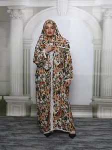 Women's Ditsy Floral Print Contrast Lace Zipper Long Sleeve Arabian Dress with Hijab, Elegant Drop Shoulder Long Dress for Muslim, Ladies Islamic Clothing for All Seasons