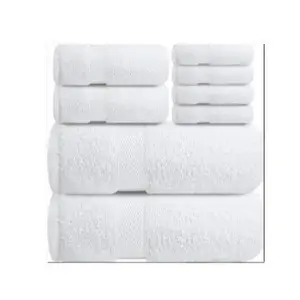 Pack of 8 Luxury Towel Set (White), 2 Bath Towels, 2 Hand Towels, and 4 Wash Cloths, 600 GSM Ring Spun Cotton Highly Absorbent Viscose Stripe Towels Ideal for Everyday use