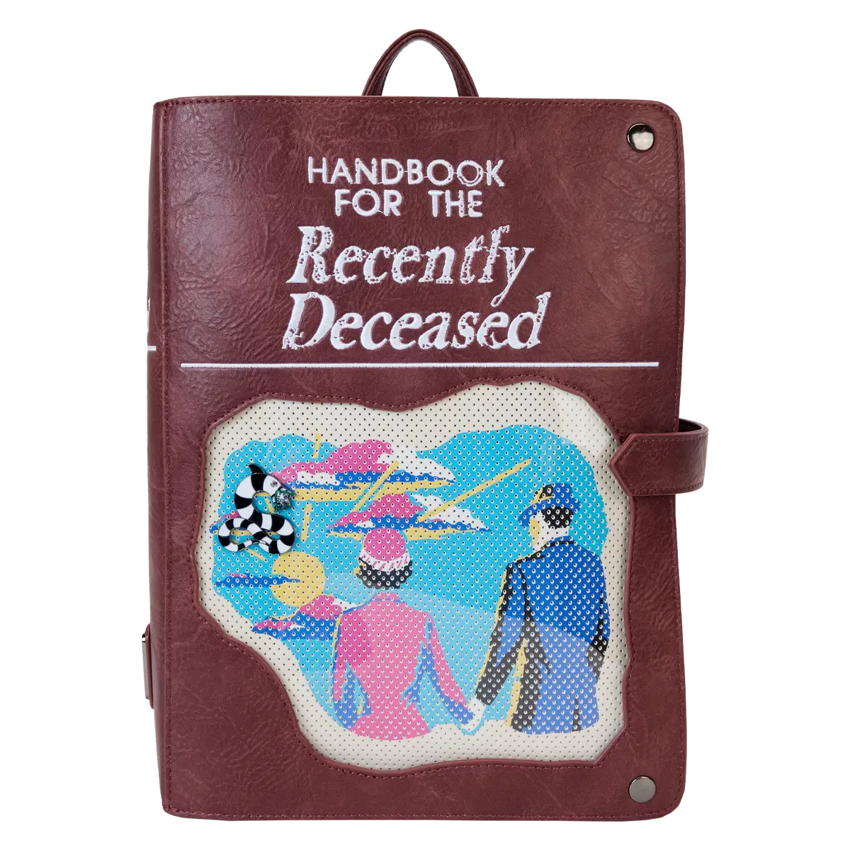 Beetlejuice Backpack, Handbook for the Recently Deceased Book-Style Vegan Leather Pin Trader with Included Sandworm Enamel Pin, Vegan Leather Backpack, Zipper Backpack