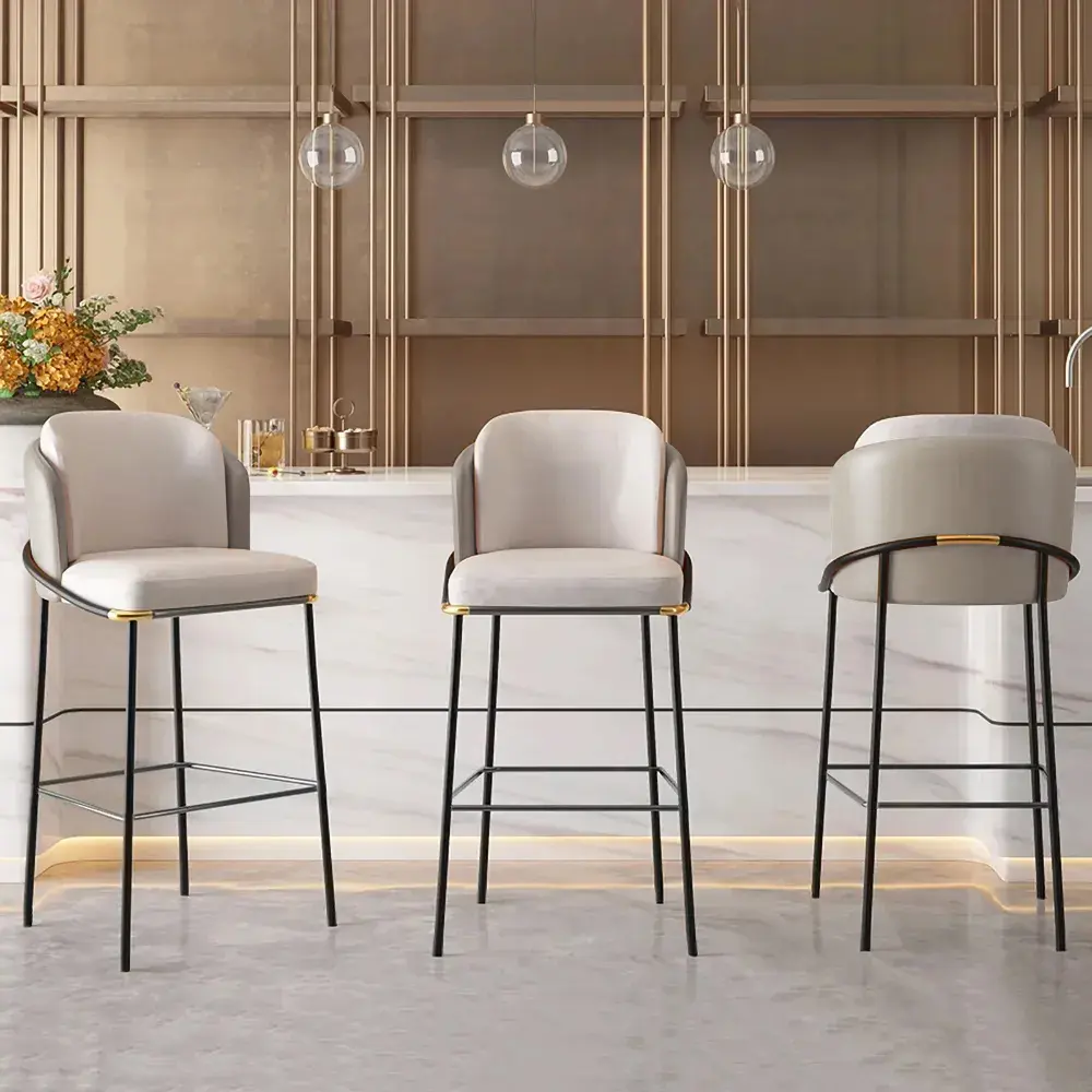 Homary Light Gray PU Leather-Upholstered Armless Indoor Kitchen Bar Stool - 1-Piece Single 1-Person Chair, Supportive Full Back, Sturdy, Foam-Filled Square Seat, for Home Bar, Bar Stools