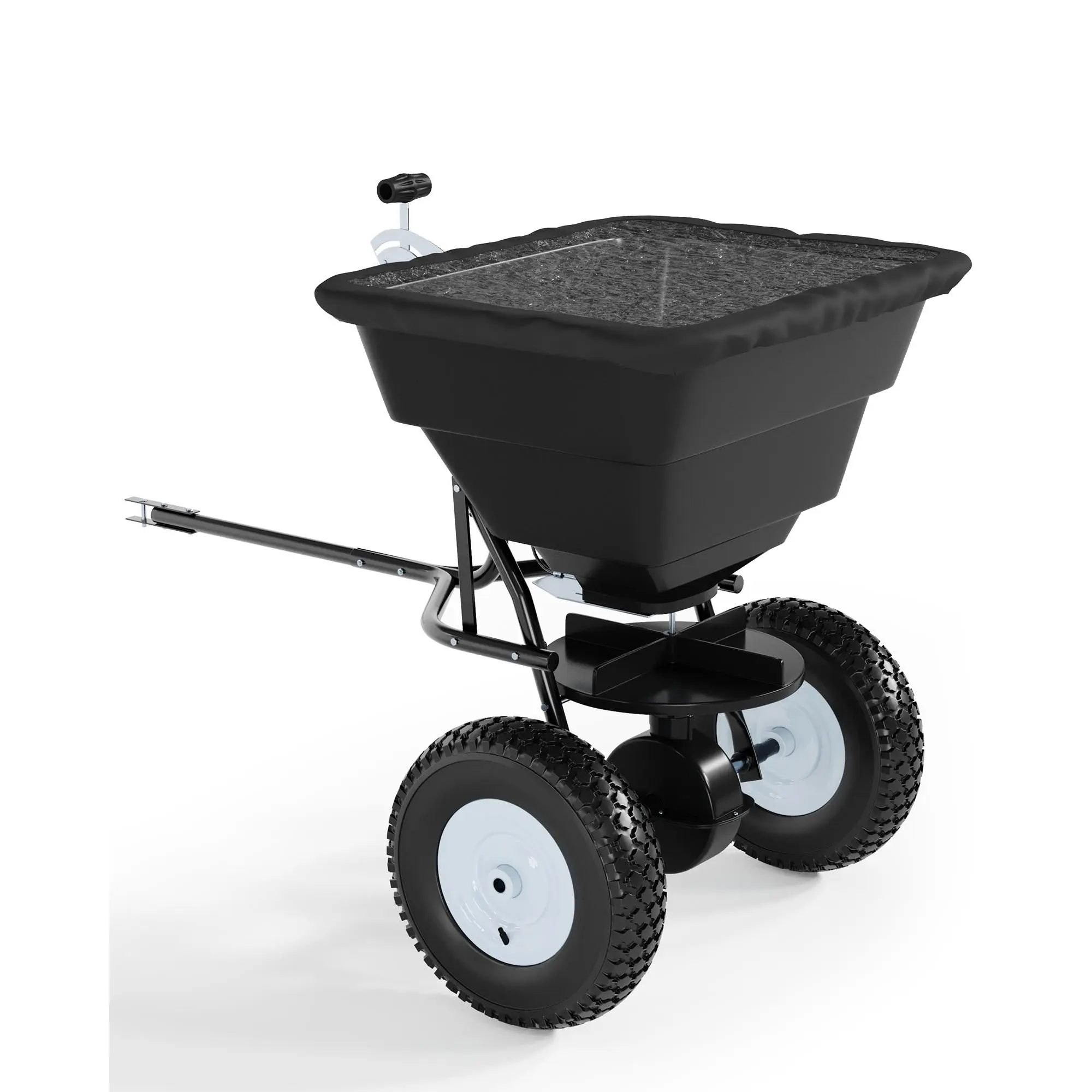 Tow Behind Broadcast Spreader, 85 LBS Capacity Seed Spreader with Hopper Cover & Universal Hitch, Adjustable Flow Control Lawn Spreader for for Seed, Fertilizer, Salt, Ice Melt