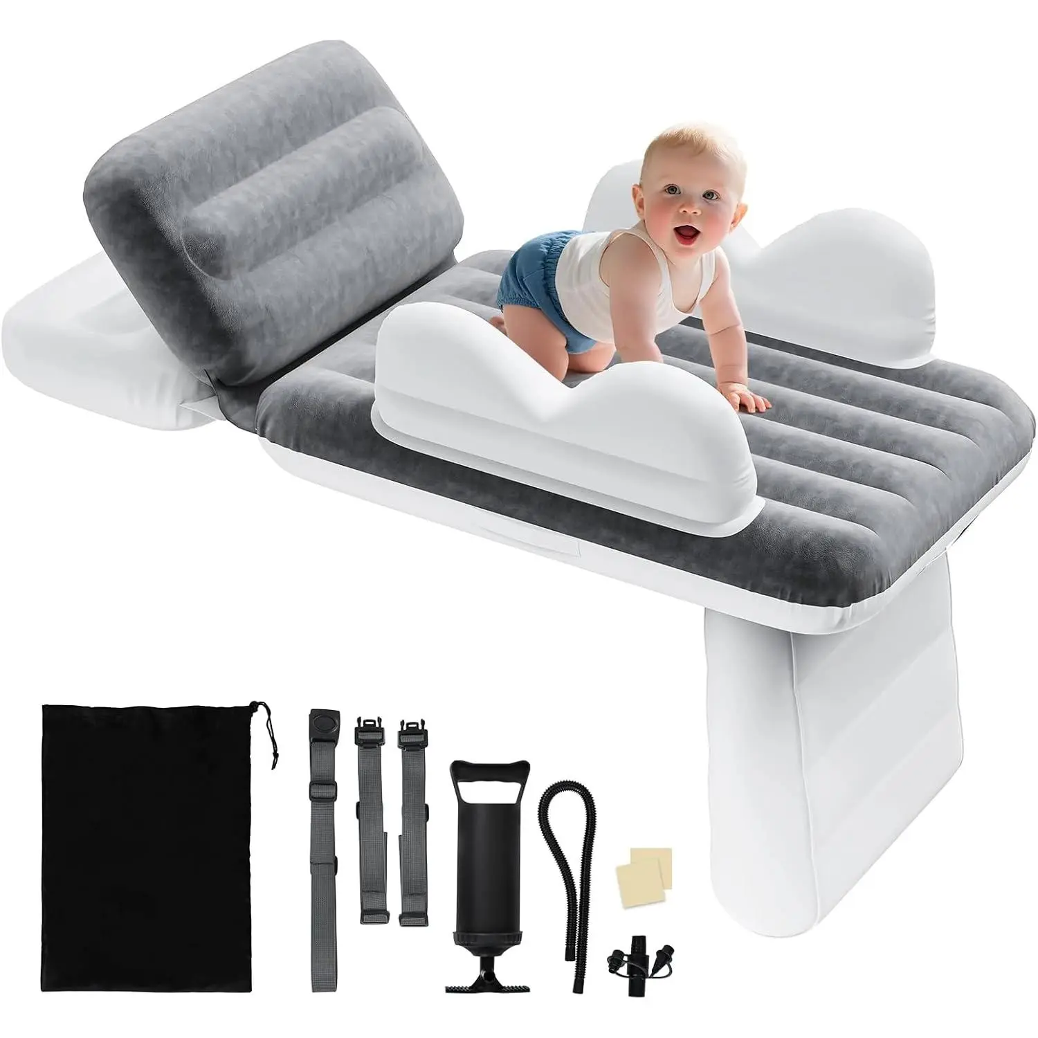 Toddler Inflatable Airbed - Safe, Soft, Portable Camping Equipment with Adjustable Airplane Seat Extender, Manual Pump, Seat Belt, Travel Bag, Cup Holder, Safety Rails, Dual Pillows, PVC Flocking, Outdoor Camping Supplies, 3-Point Harness, Seat Adaptable