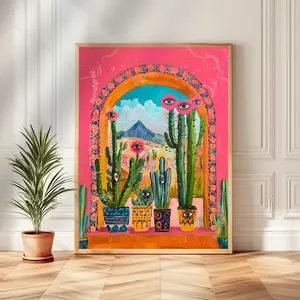 Surreal Cactus Art Print, Funky Eye Poster, Pink Desert Wall Art, Maximalist Plant Decor, Dopamine Living Room Print