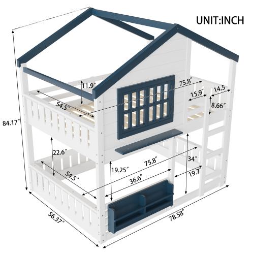 Bellemave  Bunk Bed/Loft Bed with Bookshelf, House Design, High-Quality Safety Fencing.The upper layer is used as a sleeping area, while the lower layer can be flexibly configured as a gaming area, learning area, storage space, or additional sleeping area