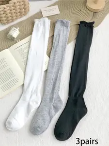 3pairs retro solid color calf socks with bubble ballet slouch socks, comfortable and breathable stacking socks suitable for women's daily casual commuting wear