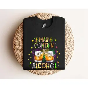 Louisiana Spirit Wear May Contain Alcohol Sweatshirt - Casual Cotton Relaxed Fit Shirt with Flower de Luce Design and Saints New Orleans Style