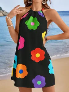 Women's Summer Short Dress, Sunflower Floral Print Loose Fit Casual Halter Maxi Dress, Plus Size Fashion Clothing