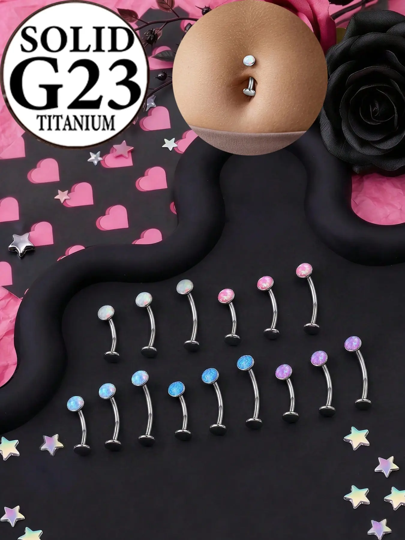 15Pcs 14G Titanium Floating Belly Button Rings Set for Women Hypoallergenic Flat Back Belly Rings 10mm/12mm/14mm Internally Threaded Opal Navel Piercing Jewelry Body Piercing Kit