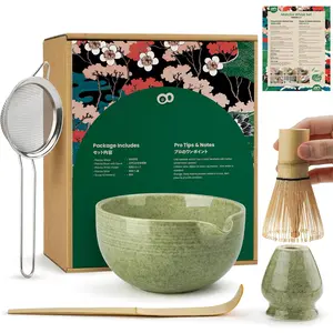 Matcha Whisk Set, Handcrafted  Chasen & Ceramic Bowl Matcha Kit, Complete 5 count Matcha Set Whisk and Bowl W/Stainless Steel Sifter,  Scoop & Holder for Matcha  Ceremony (Mottled Green)