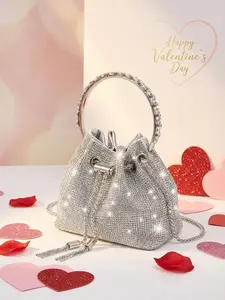 Valentine's Day Luxury Rhinestone Bag, Shiny Diamond Bucket Bag, Designer Crossbody Bag, Evening Clutch, Shoulder Chain Bag, Elegant Bags, Embellished Shoulder Bag