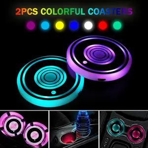 2pcs Car Round Atmosphere Lights, LED Cup Holder Lights With 7-Color Changing USB Charging Cup Mat, LED Interior Decoration Lights