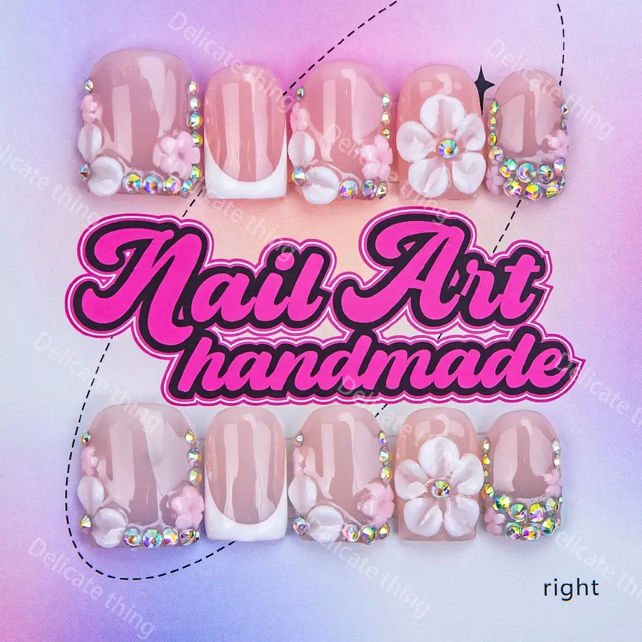 Delicatething Y2K Style Duckbill Square Nail Tips, Handmade Press-On Nails in 4 Sizes (XS/S/M/L) with Colorful Rhinestones and Flower French Design, Diy Fake Nails, French Nail Art