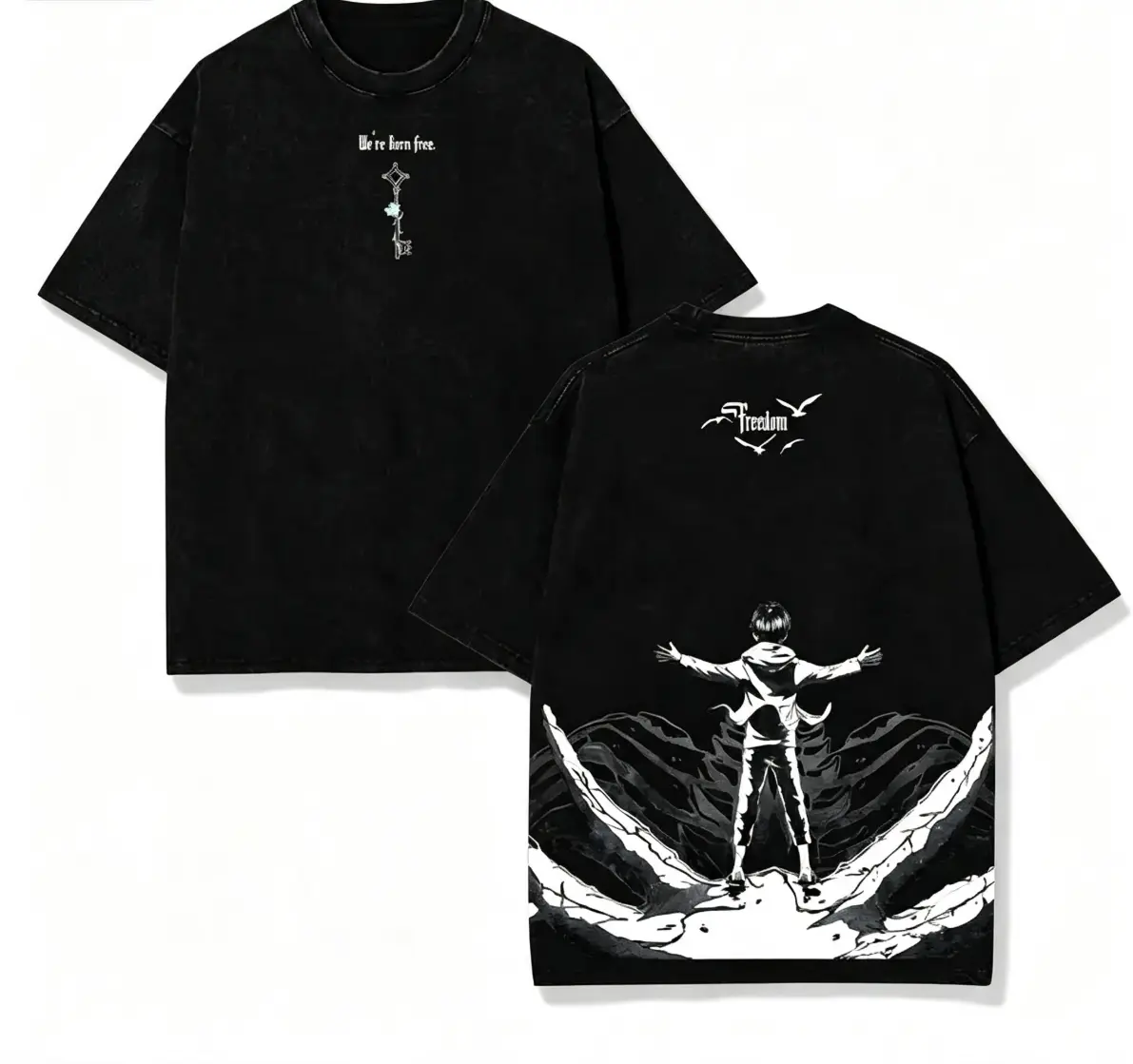The Key to Freedom – Attack on Titan Vintage Washed Oversize Anime Tee wrinkle-resistant fabric Unisex Vintage Graphic T-Shirt basic t-shirt wash loose fit vintage cotton breathable casual top seamless collar breathable short sleeve t-shirt retro staind