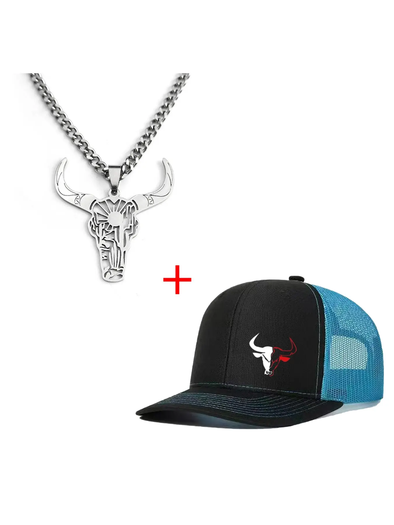 Unisex Bull Head Necklace & Baseball Cap Set, Trucker Hat, Graphic Hat, Casual Fitted Design, All-Season Wear, Ideal for Men & Women, Perfect for Daily