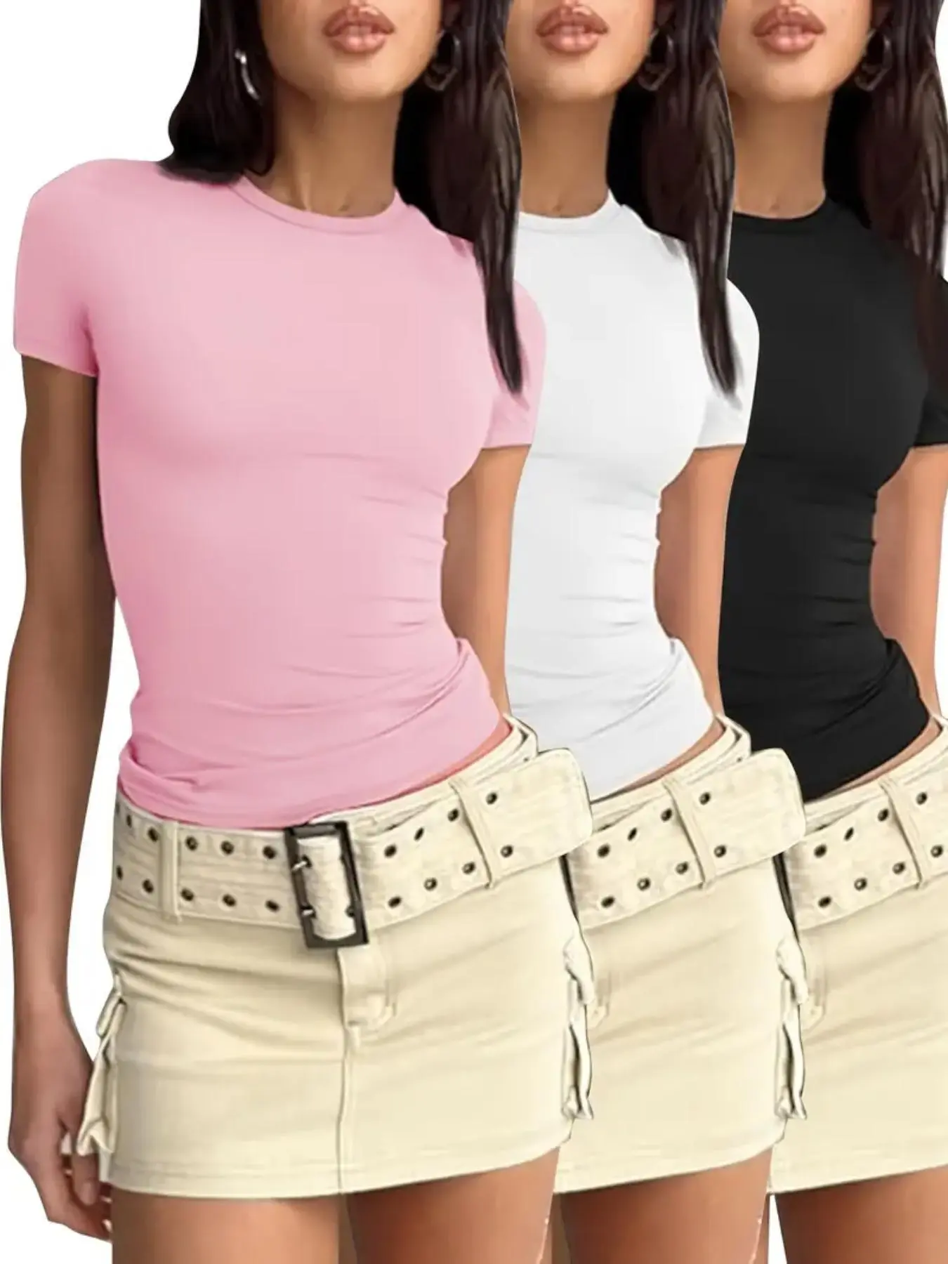 Women's Basic Solid Round Neck Tee, Summer Outfits, Fashion Casual Short Sleeve T-shirt for Daily Wear, T Shirts for Women, Ladies Summer Clothes, Going Out Tops, Tops for Women, Downtown Girl Clothes, Womenswear, Casual Fashion Comfy, Casual Basic Tees