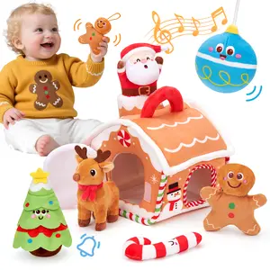 hahaland My First Christmas Gingerbread House Cottage Toy Set for Baby 6-18 Months Musical & Sensory Plush Toys with Santa Reindeer Rattles Early Learning Development 7-Piece Holiday Gift